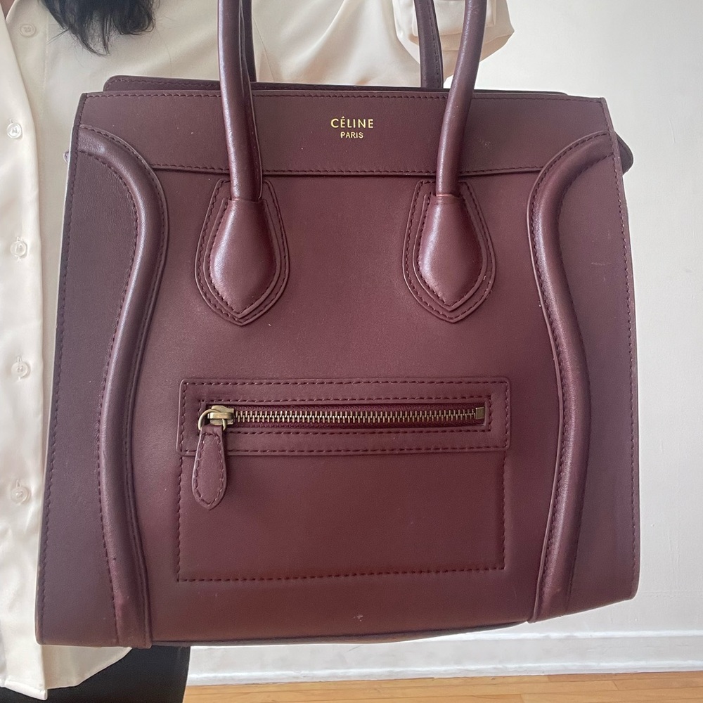Céline Paris Tote Leather Travel Bag in Burgundy Mini Luggage Bag with Tag